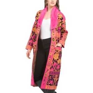 EUC Vertigo Paris Faux Fur Pink and Gold Long Sweater Coat with Floral Patterns